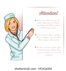 Nurse with stethoscope at placard, eps10