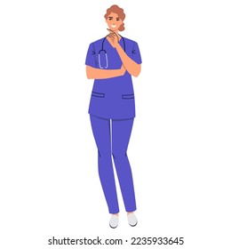 Nurse with a stethoscope and wearing scrubs is thinking. The doctor dreams, makes plans. The character is isolated on a white background. Flat vector.