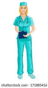 Nurse with stethoscope writes notes, vector image, isolated on white