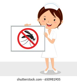 Nurse and stop mosquito sign. Vector illustration of a cheerful nurse holding a signboard.