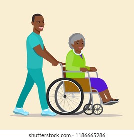 Nurse strolling with afro american elder grey haired woman in wheelchair. Vector flat style illustration