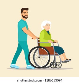 
Nurse strolling with elder grey haired woman in wheelchair. Vector flat style illustration
