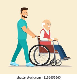 
Nurse strolling with elder grey haired man in wheelchair. Vector flat style illustration
