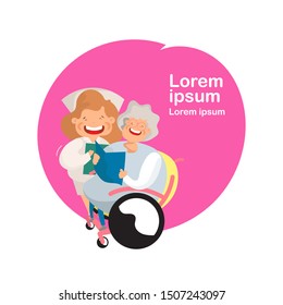 Nurse strolling with elder grey haired woman in wheelchair. Vector 