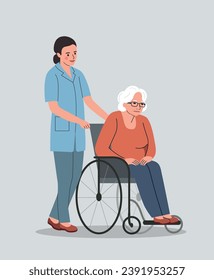 Nurse strolling with elderly woman in wheelchair. Vector flat style illustration