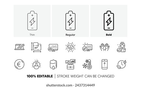 Enfermera, deslice hacia arriba y los iconos de la línea del sistema web. Paquete de agua segura, carga de la batería, icono de tiempo de carga. Plano de planta, diagrama de ventas, pictograma de contador de caída. Congelación, Estadísticas de informes, Dinero en euros. Vector