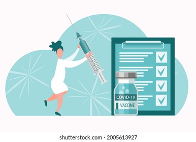 Nurse and syringe with covid 19 vaccine Doctors recommend vaccination Concept vector illustration