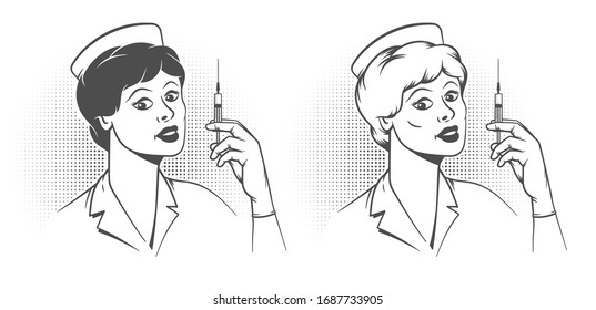 Nurse with syringe in his hand - pop art retro poster. Woman doctor prepares injection.