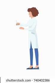 Nurse with syringe isolated on white background. Vector illustration with icon of woman in uniform holding medical equipment for injections