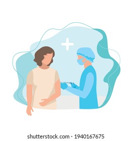 A nurse with a syringe makes a vaccination to a girl.Vector illustration on an abstract modern background. Thanks to doctors and nurses for saving lives.