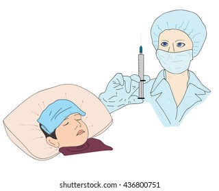 nurse with a syringe. sick child. vector illustration