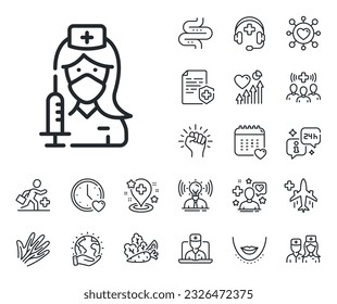 Nurse with syringe sign. Online doctor, patient and medicine outline icons. Vaccination line icon. People vaccine symbol. Vaccination line sign. Veins, nerves and cosmetic procedure icon. Vector