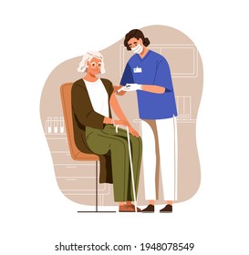 Nurse with syringe vaccinating aged person with anti-virus vaccine injection in hospital. Vaccination of senior woman. Colored flat vector illustration of elderly patient isolated on white background