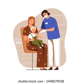 Nurse With Syringe Vaccinating Child, Accompanied By Mother, With Anti-virus Vaccine Injection In Hospital. Vaccination For Children. Colored Flat Vector Illustration Isolated On White Background