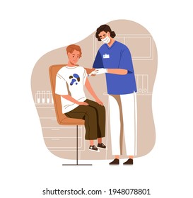 Nurse With Syringe Vaccinating Teenager With Anti-virus Vaccine Injection In Hospital. Vaccination And Covid Prevention For Children. Colored Flat Vector Illustration Isolated On White Background