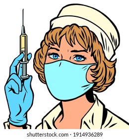 Nurse with a syringe and a vaccine. Cartoon comic book pop art illustration drawing