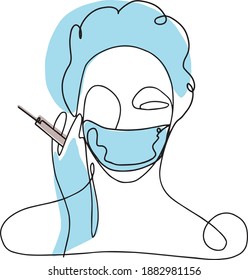 nurse with syringes in hand.  vaccination self-care.vaccine women. hands in blue gloves, a medical cap on his head. Hand drawn vector