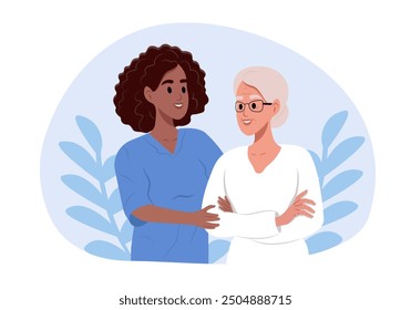 Nurse takes care of an elderly woman. Nurse holding hands with patient in empathy, trust and support of help. Young caregiver helping senior woman walking.