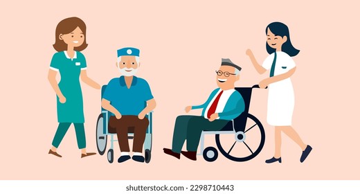 The nurse takes care of a grandfather who is a retired navy, army and air force veteran. Help old disabled people. Character Wheelchair, smile, closed eyes. Uniform.