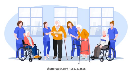 Nurse taking care about seniors people in hospital. Vector flat cartoon illustration. Doctors help elderly people walk and ride wheelchair.