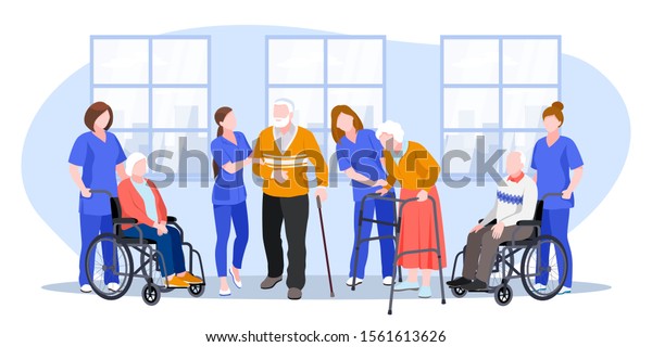 Nurse taking care about seniors people in\
hospital. Vector flat cartoon illustration. Doctors help elderly\
people walk and ride\
wheelchair.
