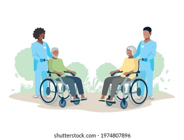 Nurse taking care of the elderly. Caring for the elderly in a nursing home. Thanks nurses. Vector illustration in a flat style.