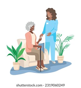 Nurse taking care of the elderly. Caring for the elderly in a nursing home. Thanks nurses. Vector illustration in a flat style.