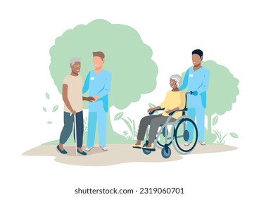 Nurse taking care of the elderly. Caring for the elderly in a nursing home. Thanks nurses. Vector illustration in a flat style.