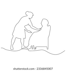 enfermera cuidando a un anciano, ilustración en un estilo de línea.