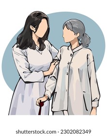 nurse taking care of an elderly woman, caring at home, Clinic doctor takes care, helps and supports patients. Simple flat vector.