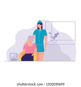 Nurse Taking Care Sick Elderly Patients Home vector illustration