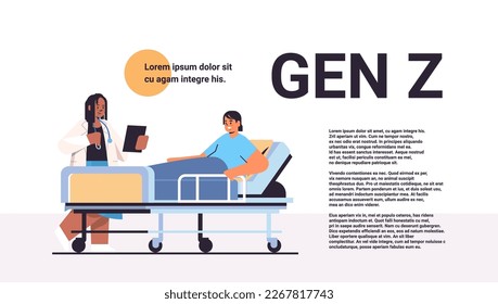 nurse taking care of sick male patient lying in hospital bed generation Z lifestyle care service concept horizontal