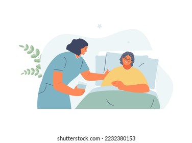 Nurse taking care of a sick old woman. Palliative and psychological support, hospice, disability, terminal illness. Vector illustration