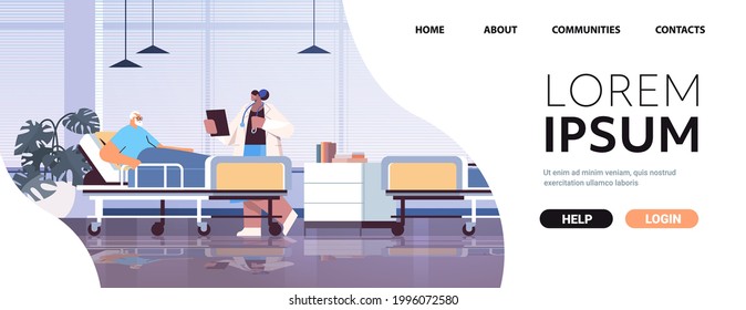 nurse taking care of sick senior man patient lying in hospital bed care service concept horizontal