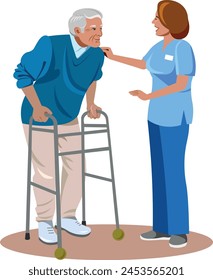 Nurse talking to an elderly man with a walker for the elderly old man goes for a walk Vector