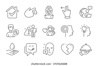 Nurse, Touchscreen gesture and Man love line icons set. Water care, Writer and Broken heart signs. Blood donation, Face declined and Restaurant food symbols. Line icons set. Vector