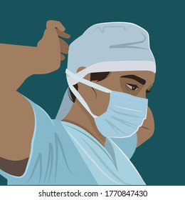 Nurse Tying Face Mask On A Dark Green Background