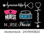Nurse Typography Design Vector Bundle, Medical Stethoscope with Nurse typography, Nurse Typography with Stethoscope Vector Illustration, Stethoscope heartbeat, typography with nurse cap