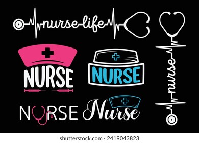 Nurse Typography Design Vector Bundle, Medical Stethoscope with Nurse typography, Nurse Typography with Stethoscope Vector Illustration, Stethoscope heartbeat, typography with nurse cap