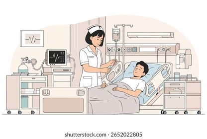 A nurse in uniform attends to a patient lying in a hospital bed, with medical equipment visible.