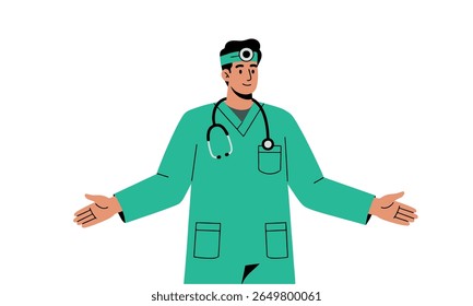 Nurse in uniform stands with arms outstretched, with a stethoscope hanging around his neck