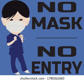 Nurse in Uniform Wearing Face Mask No Mask No Entry Sign