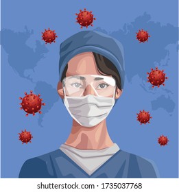 enfermero con máscara facial con continentes ,diseño de ilustración vectorial de protección covid19