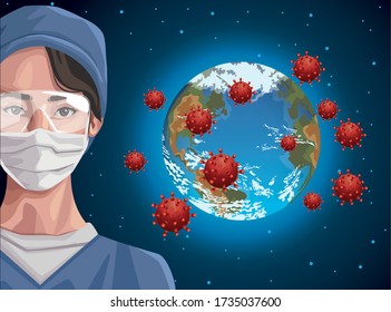 nurse using face mask and earth planet ,covid19 protection vector illustration design