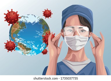 enfermera que usa máscara facial y el planeta Tierra ,covid19 protección diseño de ilustración vectorial