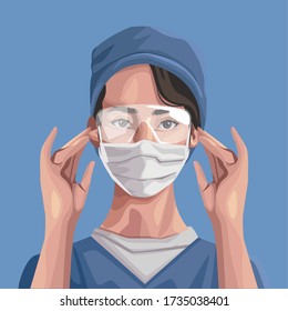 Krankenschwester mit Gesichtsmaske und Brille ,covid19 Schutz Vektor Illustration Design