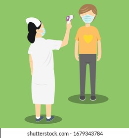 Nurse using infrared thermometer measuring temperature of a man opposite her vector