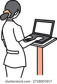 Nurse using a laptop to enter electronic medical records, rear view illustration
