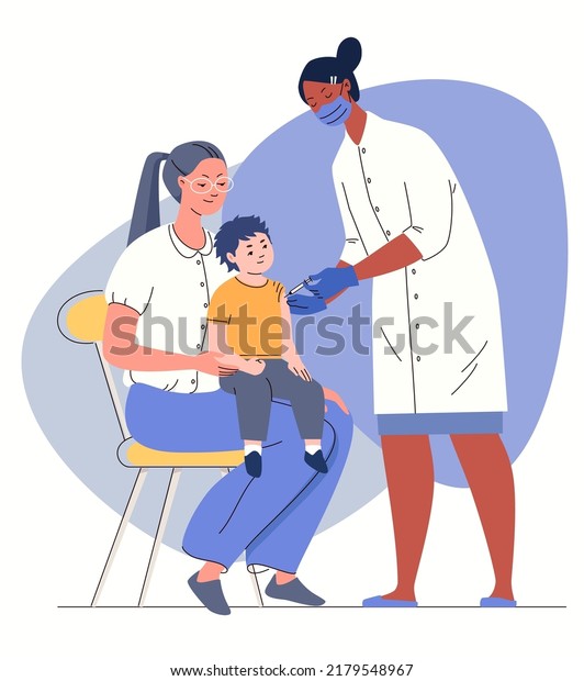 Nurse vaccinates boy to\
prevent diseases and viruses. Scheduled vaccination of children.\
Colored vector illustration flat cartoon isolated white\
background.