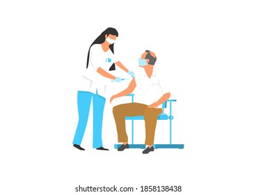 The nurse vaccinates the man in the doctor's office. The concept of health protection through preventive vaccinations. Flat vector illustration.